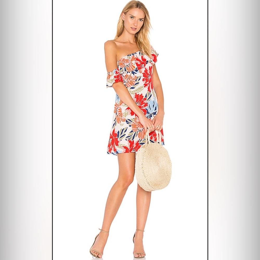 ASTR The Label Marisol One Shoulder Dress Hibiscus Multi Floral Red